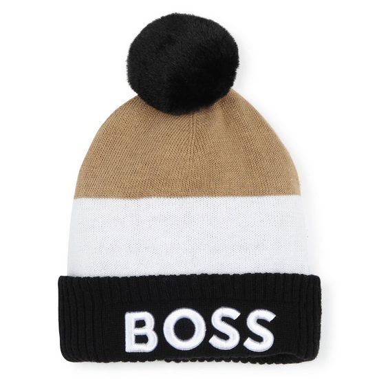 BOSS KIDSWEAR Bommelmütze BOSS Baby warme Mütze braun weiß schwarz mit Logo und Bommel Logo mehr
