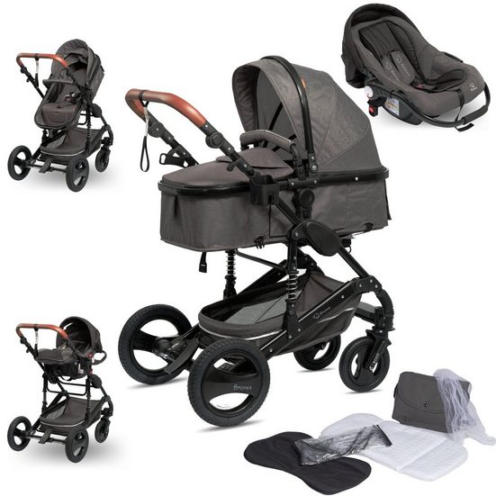 BRONEA Kombi-Kinderwagen EXQUISE Kinderwagen 3in1 mit MATRATZE, BUGGY & AUTO-BABYSCHALE Grey/Schwarz, Gummi Reifen,Wickeltasche,Regen-, Mücken- & Sonnenschutz mehr
