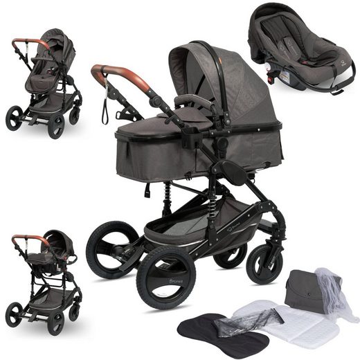 BRONEA Kombi-Kinderwagen EXQUISE Kinderwagen 3in1 mit MATRATZE, BUGGY & AUTO-BABYSCHALE FARBAUSWAHL, Gummi Reifen,Wickeltasche,Regen-, Mücken- & Sonnenschutz mehr Saisonale Angebote