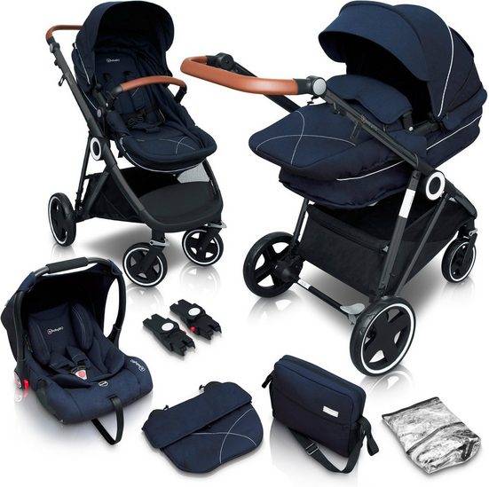 BABYGO Kombi-Kinderwagen Halime 3in1, Blue Black (Set), inklusive Babywanne, Babyschale, Regenhaube & Wickeltasche mehr