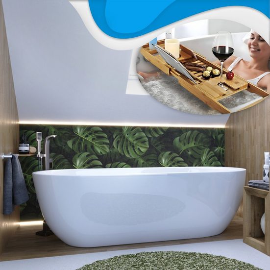 KOLMAN Badewanne Freistehende Patra 170x80 mit Bambusablage Exclusive Acryl - Ablauf VIEGA Click-Clack GRATIS mehr
