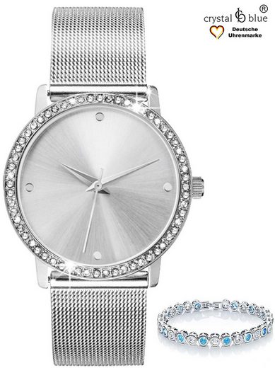 CRYSTAL BLUE Quarzuhr Damenuhr Mesh & Tennisarmband silber mit cubic Zirkonia Kristallen kostenlose Lieferung mehr
