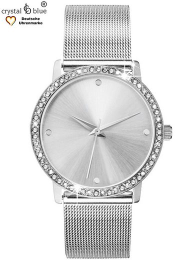 CRYSTAL BLUE Quarzuhr Damenuhr silber 62 Zirkonia Kristalle Mesharmband mit Clip Schließe kostenlose Lieferung mehr