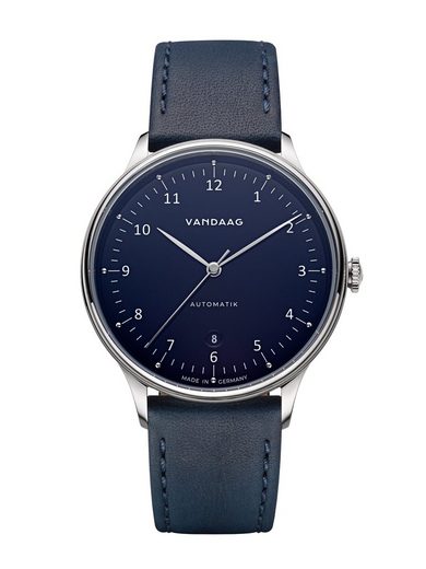 VANDAAG Automatikuhr Primus Automatik Stahl-Blau Made in Germany, Saphirglas, 5 Bar wasserdicht, deutsches Leder mehr