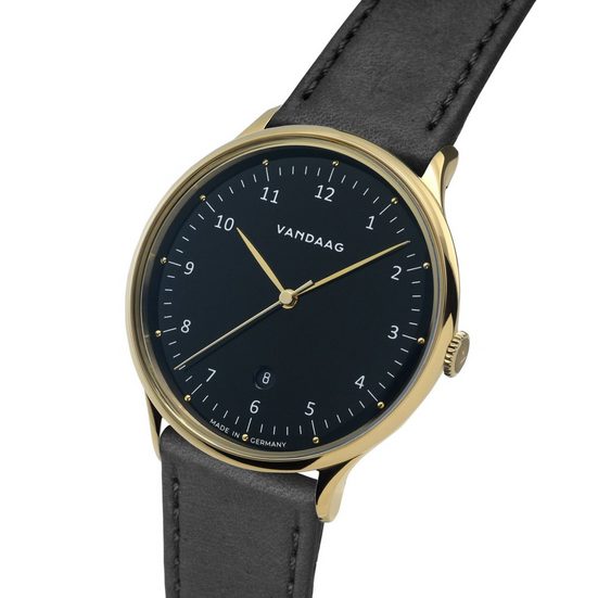 VANDAAG Quarzuhr Primus Gold-Schwarz Made in Germany, Saphirglas, 5 Bar wasserdicht, deutsches Leder mehr