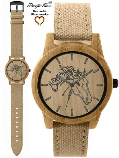 PACIFIC TIME Quarzuhr Damenuhr analog Pferd Holz Canvas Armband Gratis Versand mehr Vierteljährliche Förderung
