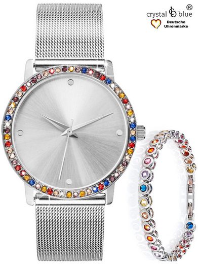 CRYSTAL BLUE Quarzuhr Damenuhr Mesh & Tennisarmband silber mit cubic Zirkonia Kristallen kostenlose Lieferung mehr Discount Store für neue Produkte