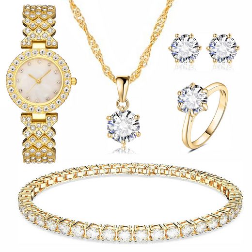 TOFOW Quarzuhr 5pcs Damenuhr Set Damen Halskette aus Metall Ohrringe (Quarzuhren, Halsketten, Armbänder, zwei Ohrstecker und ein Ring sind modische Accessoires, die mit verschiedenen Kleidungsstilen und Taschen kombiniert werde
