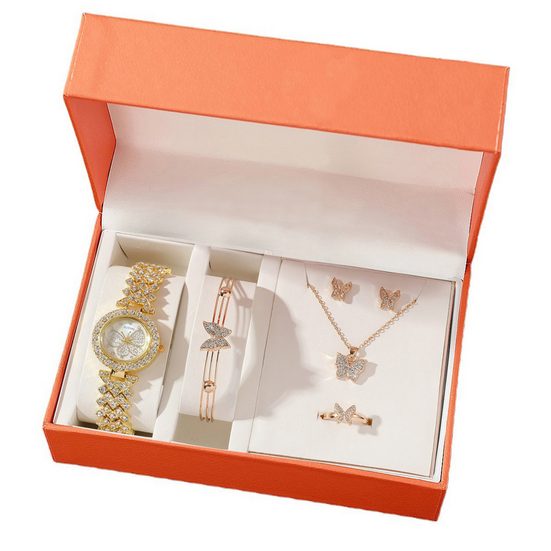 TOFOW Quarzuhr Damenuhr Set Damen Halskette aus Metall Ohrringe (Quarzuhren, Halsketten, Armbänder, zwei Ohrstecker und ein Ring sind modische Accessoires, 5-tlg., Valentinstag Geschenke, Weihnachtsgeschenke), Geeignet für Hoc