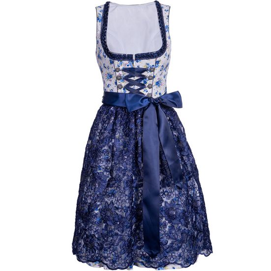 KELLIAR Dirndl Midi Trachtenkleid, ideal für Oktoberfest, Rocklänge 60 cm, Blau Florales Muster, Dekorative Schnürung mehr Valentinstagsangebot