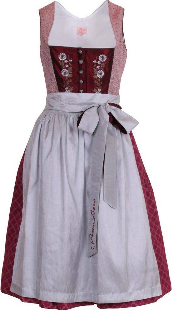 PEZZO D'ORO Dirndl Mididirndl dunkelrot/silbergrau bestickt,Länge 70cm (2-teilig Kleid mit Schürze) Knopfleiste mit verdecktem Zipper mehr
