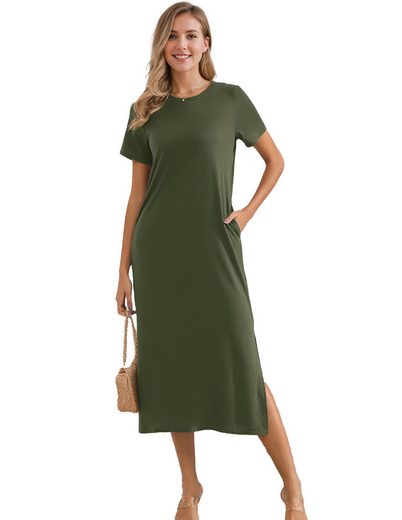 LUCKZON Sommerkleid Damen Maxikleid, geteilt, lässig, T-Shirt-Kleid mit Taschen Rundhalsausschnitt, kurze Ärmel, Sommerkleider mehr Kostenlose Rückgabe