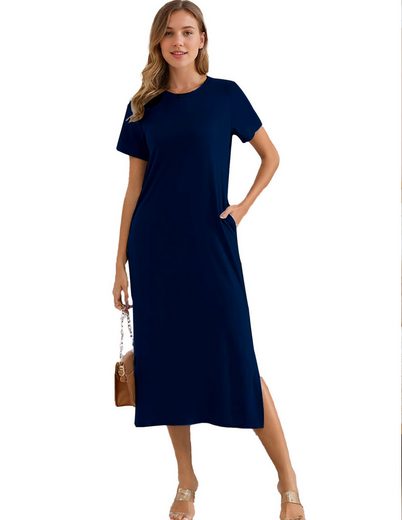 LUCKZON Sommerkleid Damen Maxikleid, geteilt, lässig, T-Shirt-Kleid mit Taschen Rundhalsausschnitt, kurze Ärmel, Sommerkleider mehr Letzte 3 Tage
