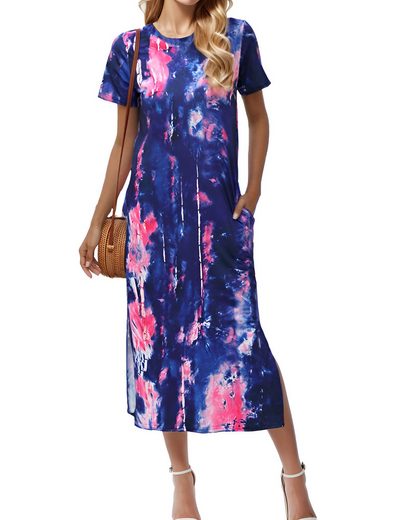 LUCKZON Sommerkleid Damen Maxikleid, geteilt, lässig, T-Shirt-Kleid mit Taschen Rundhalsausschnitt, kurze Ärmel, Sommerkleider mehr Letzte 3 Tage