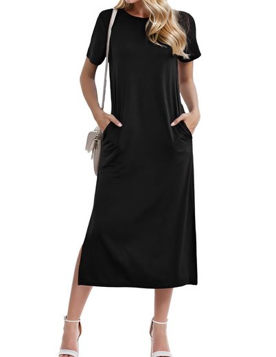 LUCKZON Sommerkleid Damen Maxikleid, geteilt, lässig, T-Shirt-Kleid mit Taschen Rundhalsausschnitt, kurze Ärmel, Sommerkleider mehr Letzte 3 Tage