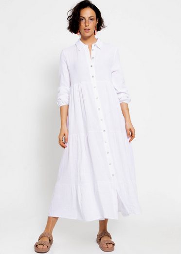 SASSYCLASSY Maxikleid Musselin Maxi Kleid mit Volants Baumwollleid mit Kragen, Knopfleiste und einem Gummizug am Ärmel mehr Vierteljährliche Förderung