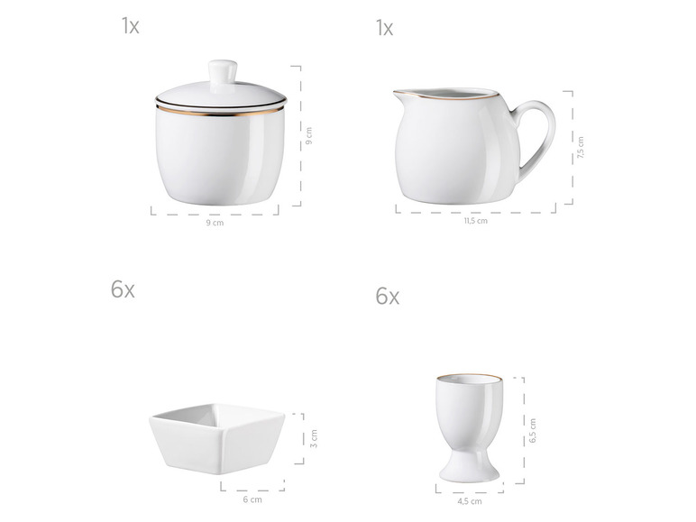 MÄSER Serie Professional Dining, Zubehör Set aus Müslischalen, Eierbechern, Schüsseln, Zuckerdose, Milchkännchen, Dipschälchen und Servierplatten, 24-teilig, Weiß mit Goldrand Limitierter Zeitrabatt