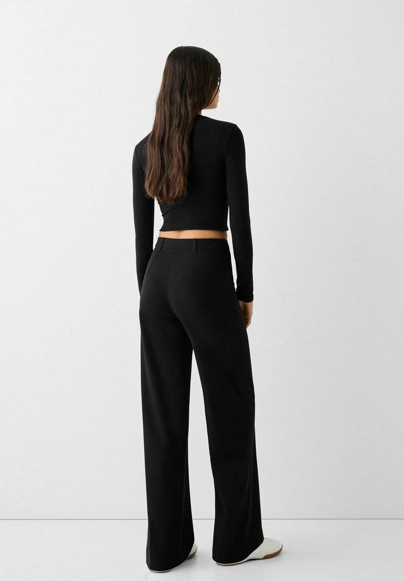 Bershka Bershka WIDE TAILORED - Trousers - black Sonderangebot der Fabrik
