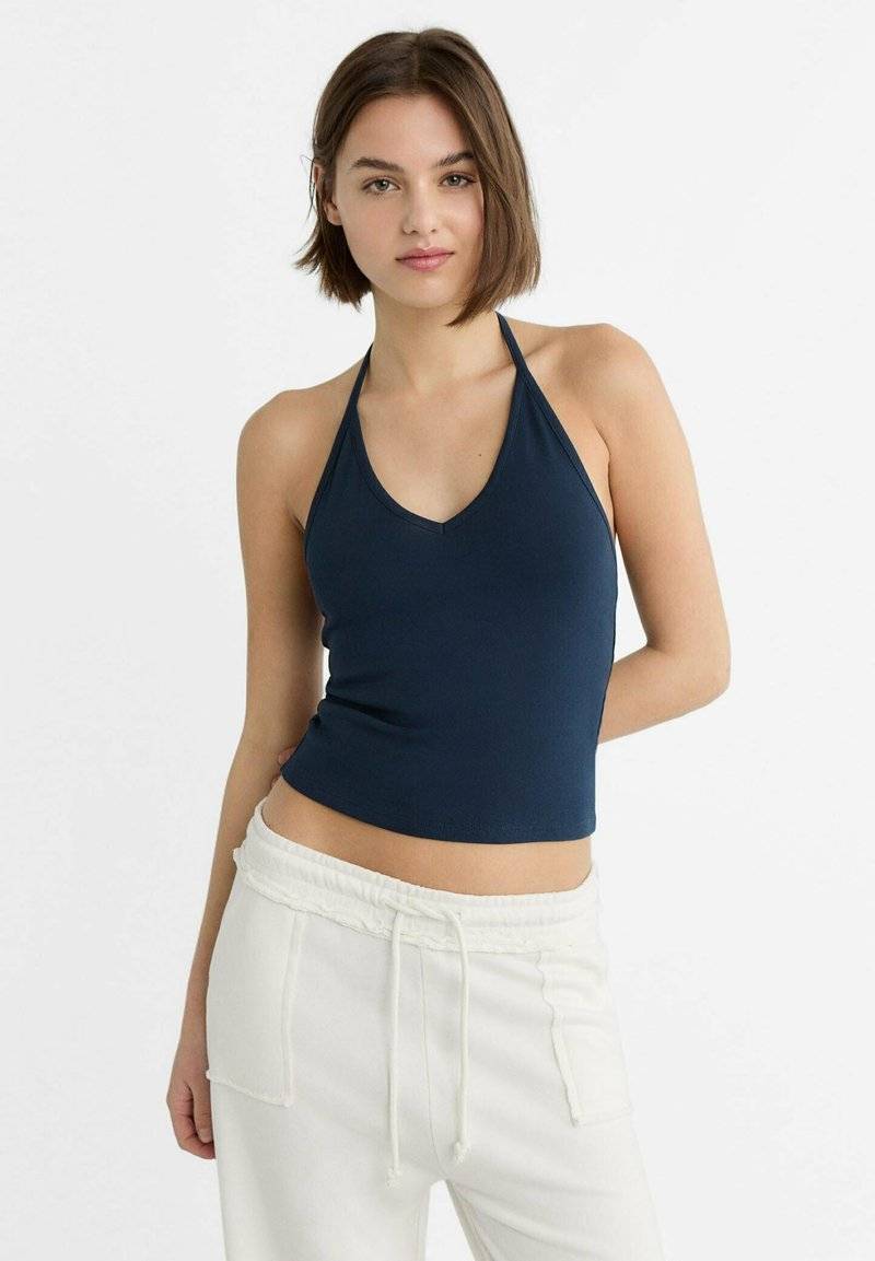 Stradivarius Stradivarius TIED HALTER - Top - dark blue