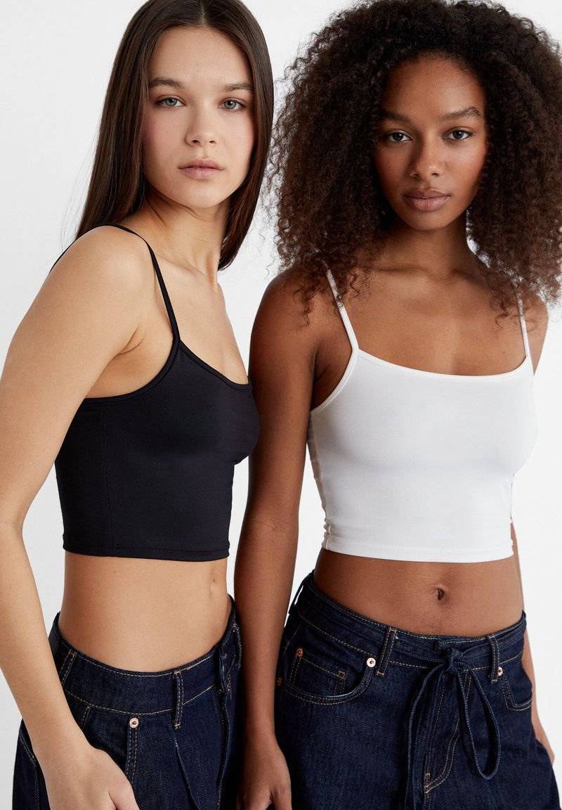 Stradivarius Stradivarius 2-PACK OF STRAPPY CROP - Top - black Meist gekauft
