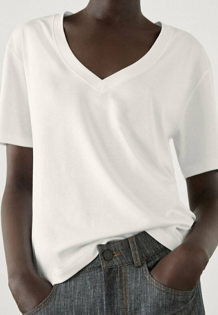 Massimo Dutti Massimo Dutti V-NECK - Basic T-shirt - white Begrenzte Freigabe