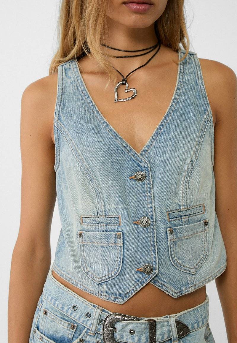Stradivarius Stradivarius STUDDED - Waistcoat - laser denim Clearance-Verkauf